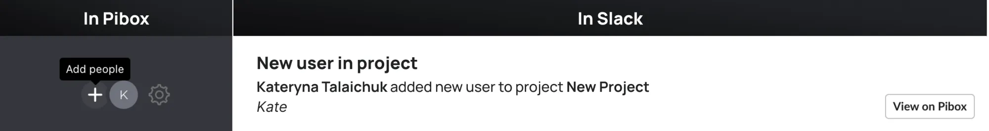 Notification from Pibox in Slack "New user in project"