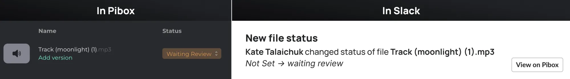 Notification from Pibox in Slack "New file status"