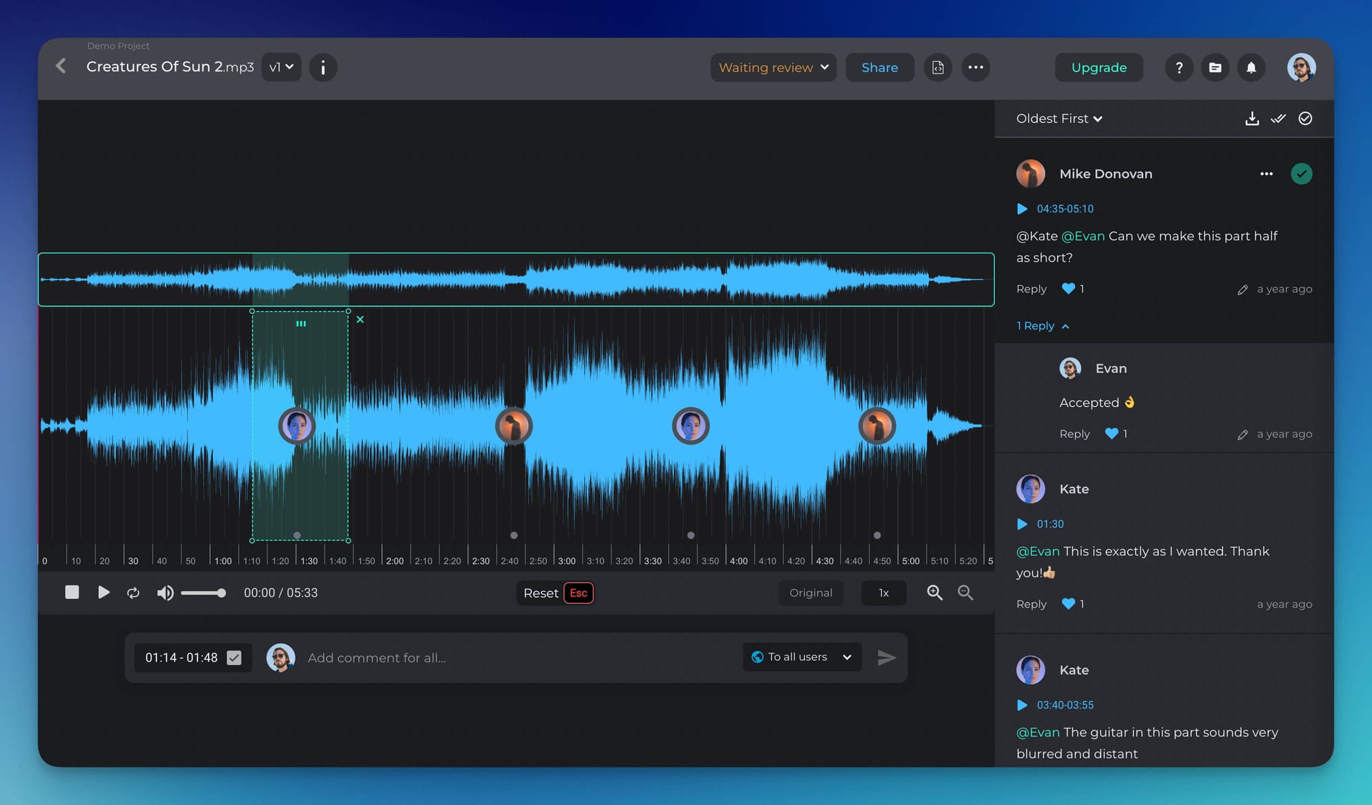 Audio review with comments on a waveform in Pibox