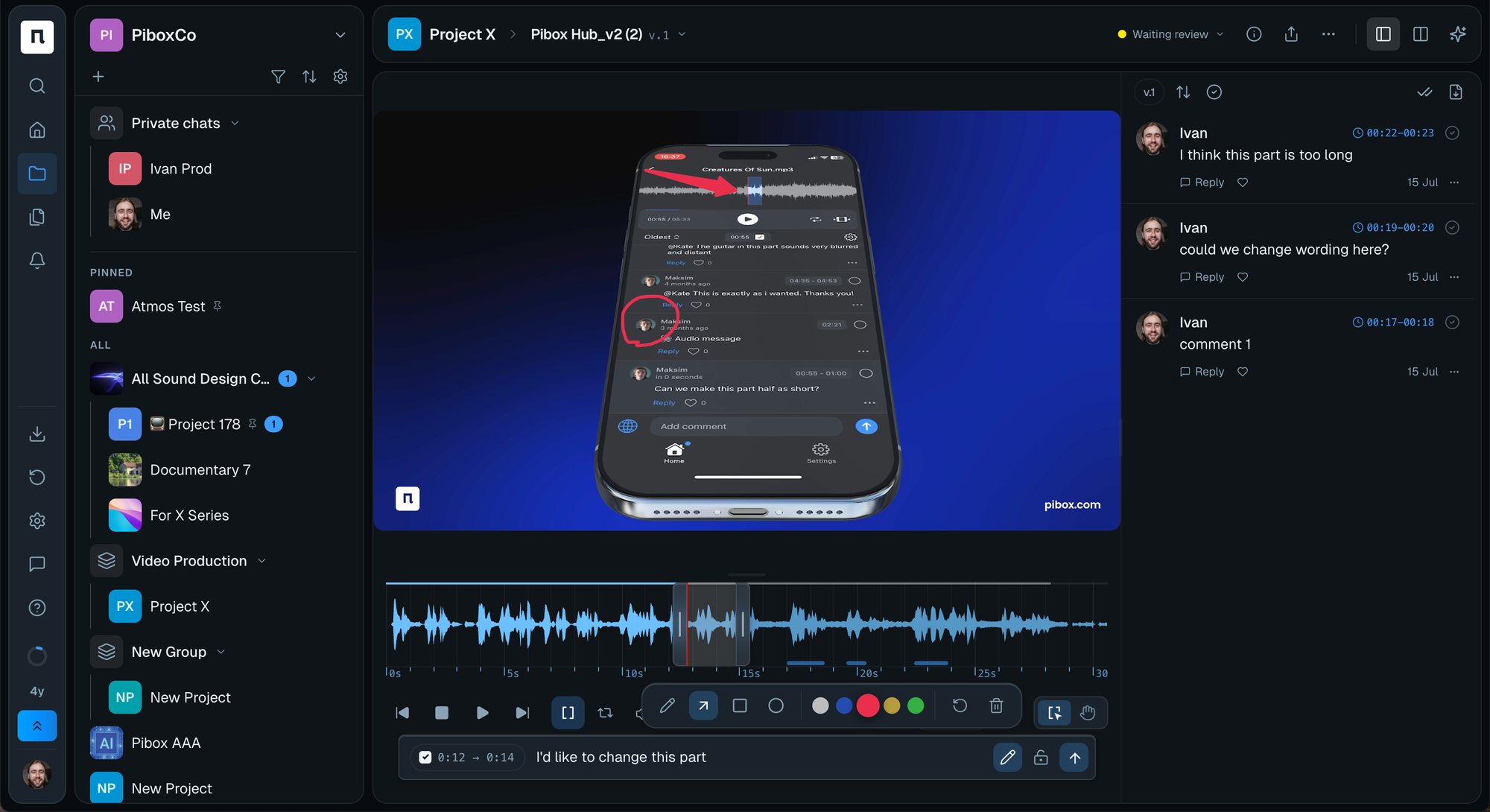 Video review with drawing annotations on the frame and a waveform with time-coded comments below