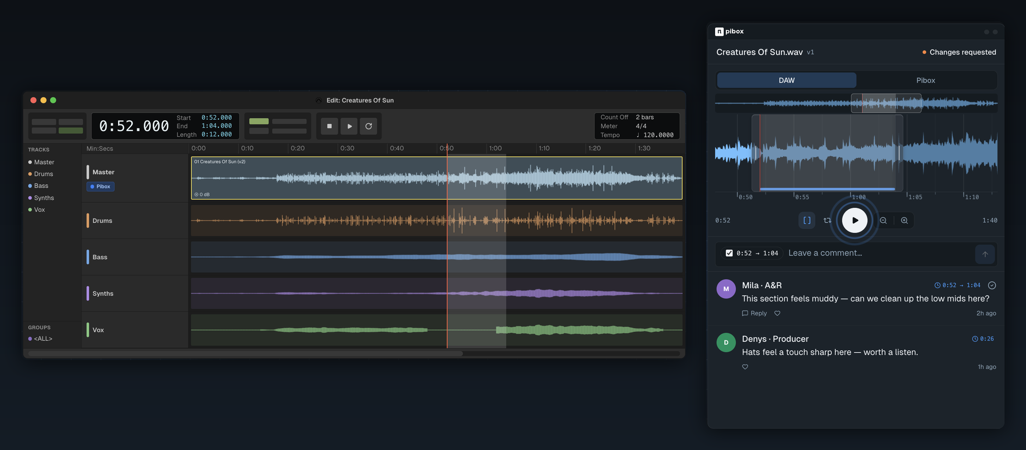 Pibox plugin panel open beside a DAW session, showing a reviewer's time-coded range comment